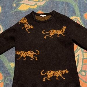THML Black Sweater with Orange Leopard Design